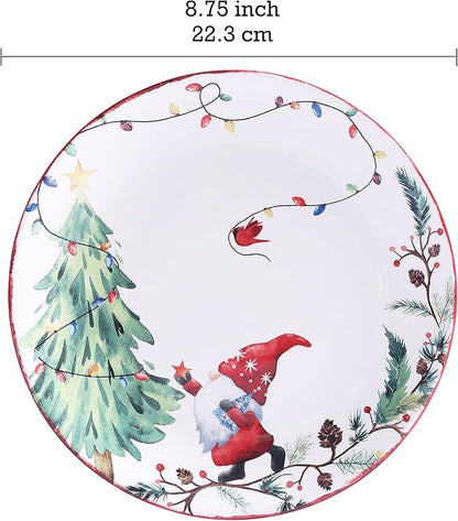 Bico Christmas Gnomes Salad Plates Set of 4, 8.75 Inch Ceramic Dessert Plates for Salad, Appetizer, Side Dishes, Microwave and Dishwasher Safe, Gift for Housewarming and Christmas