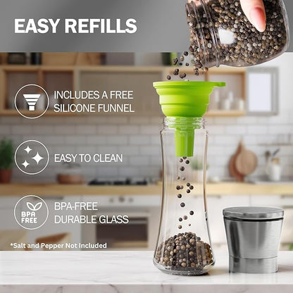 Home EC Original Stainless Steel Sea Salt and Pepper Grinder Set of 4 - Adjustable Ceramic - Tall Glass Salt and Pepper Shakers Mills - Modern Kitchen Spice Mill W/Funnel & EBook