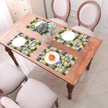Placemats Set of 6 Vintage Daisy Place Mats Abstract White Yellow Floral Woven Table Mats Washable Black Grey PVC Placemat for Dining Kitchen Decor Indoor Outdoor, 12 x 18 Inch