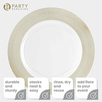 PARTY BARGAINS 13-Inch Charger Plates - 4 Pack, Clear Gold Rope Textured Rim, Heavy-Duty Disposable Chargers for Elegant Dining - Ideal for Weddings and Formal Events