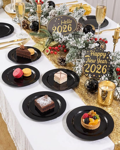 bUCLA 100 Pieces Black Plastic Plates - 6.25 inch Disposable Dessert/Salad/Appetizer/Small Cake Plates for Party, Graduation & New Year
