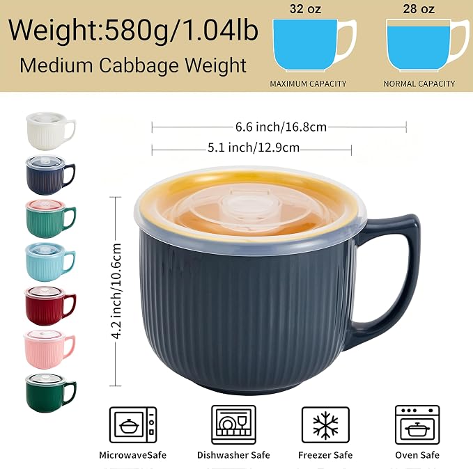 Ceramic Soup Bowl with Handle & Lid, 32oz Microwave Ramen Bowl Set of 2 | Gray - Image 3