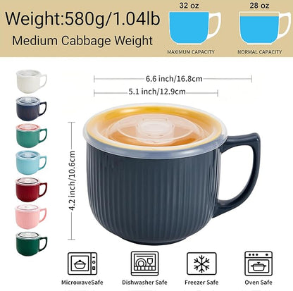 Ceramic Soup Bowl with Handle & Lid, 32oz Microwave Ramen Bowl Set of 2 | Gray - Image 3