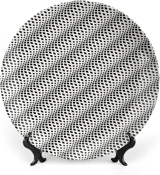 Ceramic Display Plate, Abstract Ceramic Hanging Decorative Plate, Wavy Rhombus Abstract Modern Monochrome Decor, 8 Inch, Household Custom Ceramic Plate, Black White