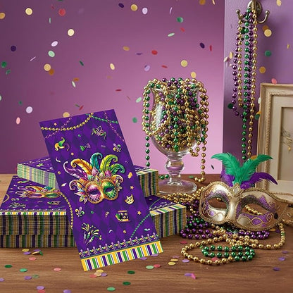 Mardi Party Gras Decorations - 100 Pcs Masquerade Paper Decorative Napkins Set Disposable Purple Crown Mask Dinner Cocktail Bulk Table Gifts Supplies Decor for Decoupage Carnival 7.9 x 4.3 In
