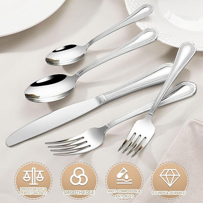 40-Piece Flatware Set for 8, Heavy Duty 18/10 Stainless Steel Silverware Set, Weighted Silverware Knives Forks and Spoons Set, Beaded Edge Handle, Dishwasher Safe