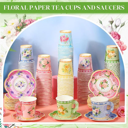 Nuogo 300 Pcs Floral Paper Tea Cups and Saucers 7 OZ Disposable Cups - Image 6