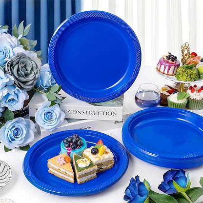 WELLIFE Royal Blue Party Plates 10 Inch -150 Count, Disposable Plastic Dark Blue Dinner Plates for New Year Party Dessert Cake Appetizer
