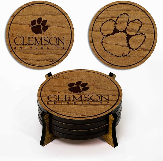 LazerEdge Clemson Tigers Wooden Coaster Set - Cherry Wood - Officially Licensed Product - 4-Pack