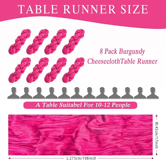 8 Pack Hot Pink Cheesecloth Table Runner 17x108 inch Rustic Gauze Table Runner - Image 2