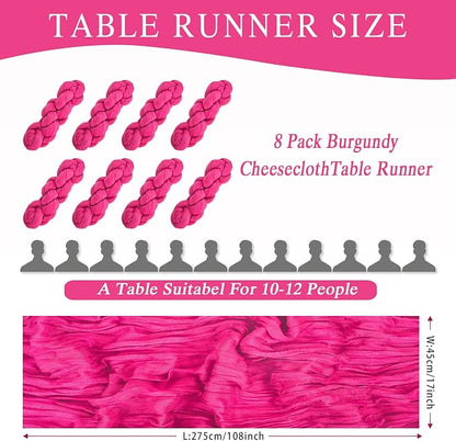 8 Pack Hot Pink Cheesecloth Table Runner 17x108 inch Rustic Gauze Table Runner - Image 2
