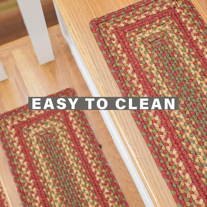 Homespice Cider Barn Jute Braided Stair Treads for Wooden Steps, Country Primitive Decor, Set of 13, Red 8x28 Rectangle Rugs for Stairs - Easy to Clean, Tightly Stitched and Durable