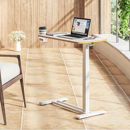 SANODESK Mobile Standing Desk with Hidden Wheels,Pneumatic Laptop Desk Rolling Computer Cart Movable Height Adjustable Small Sit Stand Desk for Home Office(27.6" W x 15.7" D, White+Maple Band)
