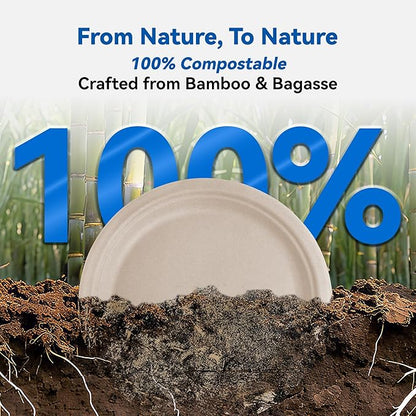 9 Inch Heavy Duty Paper Plates 125 Pack – Sturdy Disposable Plates, Compostable Biodegradable Sugarcane & Bamboo Fiber, Natural Paper Plate for Dinner Camping Everyday Use