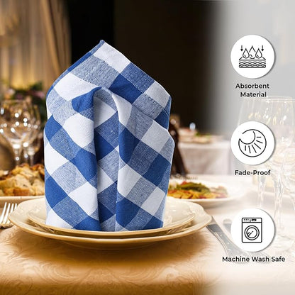 Urban Villa Cotton Dinner Napkins Set of 6, Highly Absorbent 20x20 Inches Premium Cloth Napkins Hotel Quality Reusable & Washable Table Dinner Napkins for Home & Weddings - Blue/White, Checks