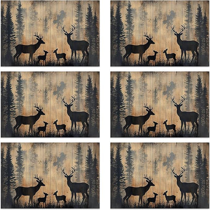 Rustic Deer Forest 12x18 Inch Placemats Set of 6 - Waterproof, Non-Slip & Washable Rustic Wildlife Moose Forest Animal Table Mats for Kitchen & Dining Table Placemats