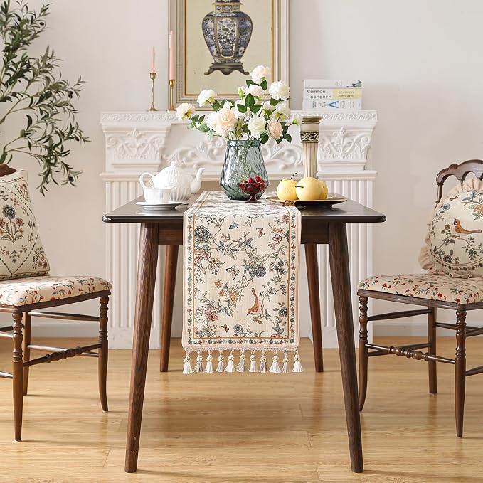 Designer French Linen Extra Long Table Runner, Floral Bird Pattern, Dining Table - Image 3