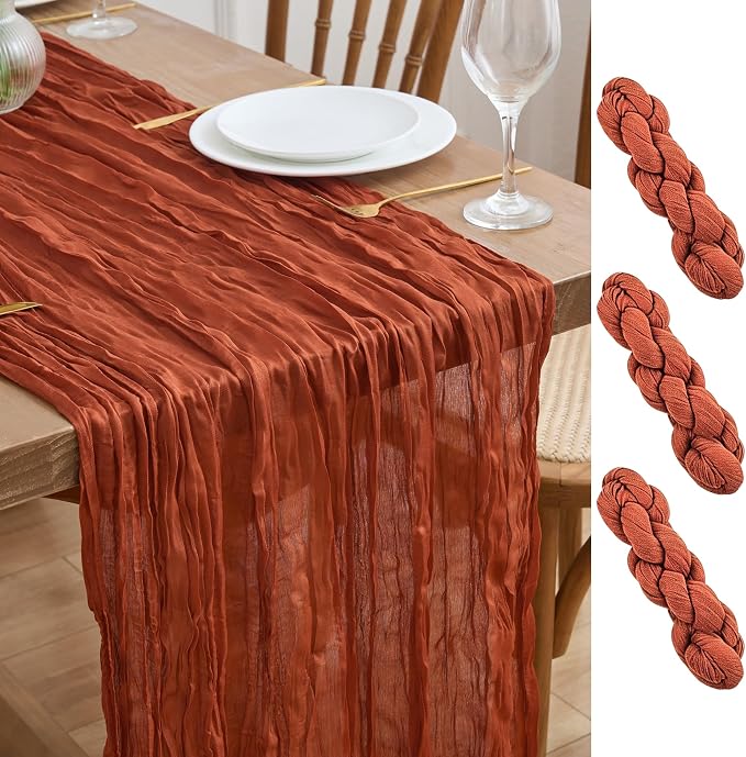Asee'm 3pcs Terracotta Fall Cheesecloth Table Runner 10FT Boho Burnt Orange | by Aseem