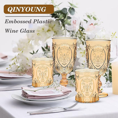 Qinyoung 12 Plastic Vintage Drinking Glasses 8.5oz Stemless Retro Embossed Wine - Image 7