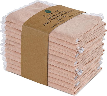 Fingercraft Dinner Cloth Napkin Cotton Linen Blend 12 Pack Mitered Corners with Elegant Lace for Everyday Use Napkins are Pre Shrunk and Good Absorbency (Pink, 12in x 12in)