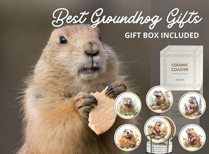 Onebttl Groundhog Gifts Coaster, Home Decor for Women, Moving, Housewarming, Set of 6, Ceramic, Absorbent with Cork Base
