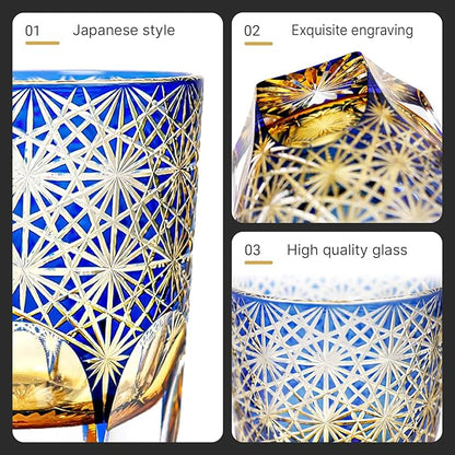 suigetsu Edo style Color Hand Cut Crystal Glass Tumbler Whisky Gass 11 Oz Glassware with Luxury Gift Box,Cocktail-Vodka-Beer Drinkingware Glasses In Gift Carton (Blue Daisy)