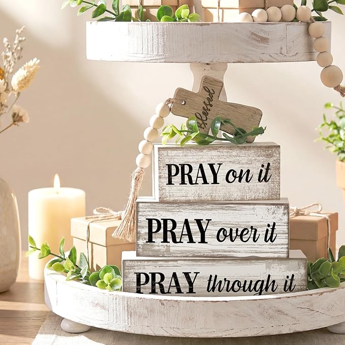 Moucuny 4 Pcs Christian Table Decor Wooden Cross Wooden Bible Verse Sign - Image 2