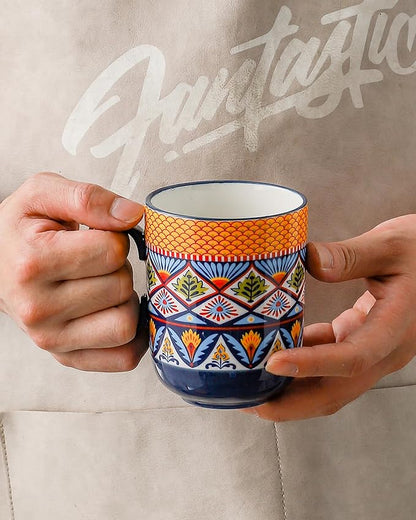 HENXFEN LEAD Boho Ceramic Coffee Mugs Set of 6 – 14 oz Porcelain Cups for Latte, Cappuccino, Tea & Cocoa – Microwave & Dishwasher Safe