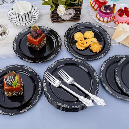 DaYammi 60PCS Black and Silver Plastic Plates, Heavy Duty Black and Silver Disposable Plates Premium 7.5 inch Dessert Cake Salad Appetizer Plate Hard Plastic Plate Disposable for Party Wedding