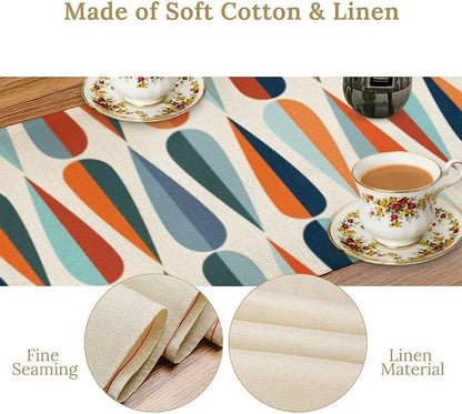 Mid Century Modern Table Runner Retro Blue Orange Grey Water Droplets Geometric - Image 6