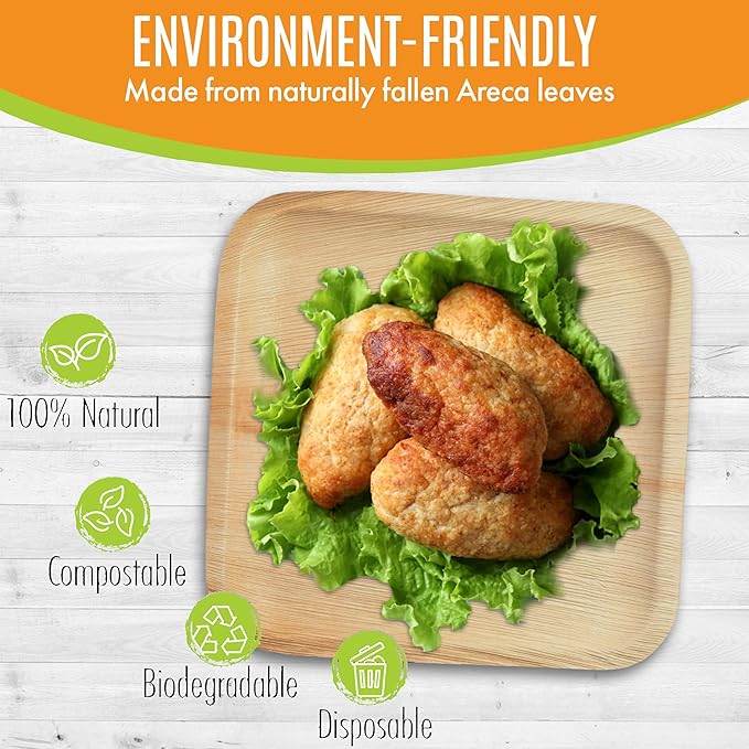 Raj Palm Leaf Plates Bulk [50-Pack] 10" Square Plates (3 CASES - 150 PACK) like Bamboo plates Disposable, Strong, Decorative Compostable Tableware for weddings, Lunch, Dinner, Birthday, Camping
