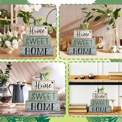 Moucuny 4 Pcs Farmhouse Wooden Table Decor Rustic Home Sweet Home Stacked - Image 4