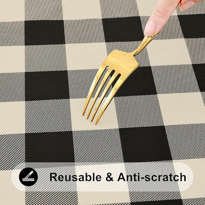 Smiry Rectangle Picnic Table Cloth, Elastic Waterproof Fitted Vinyl Tablecloths, Flannel Backed Buffalo Plaid Table Covers for Dining, Camping, Outdoor (Black and Beige, 30" x 96")