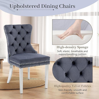 KCC Velvet Dining Chairs Set of 4, Upholstered High-end Tufted Dining Room Chair with Nailhead Back Ring Pull Trim Stainless Steel Legs, Contemporary Nikki Collection Modern Style for Kitchen, Gray