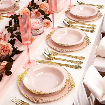 100PCS Pink Plastic Bowls - 12 oz Pink Gold Disposable Salad Bowls - Heavy Duty Disposable Soup Bowl - Fancy Plastic Ice Cream Bowl for Weddings Valentine's Day Parties Dinners Picnics