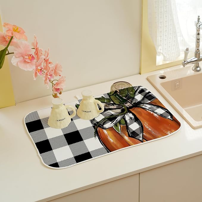 Fall Plaid Dish Drying Mat for Kitchen Counter 18x24 Inch Pumpkin Autumn Dish - Image 5