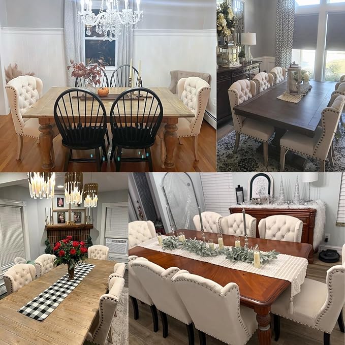 chairus Tufted Parsons Dining Chairs Set of 4, French Country Upholstered Dining Room Chairs with Nailhead Trim & Curved Wood Legs, Farmhouse High Back Armless Side Kitchen Chairs, Beige Linen