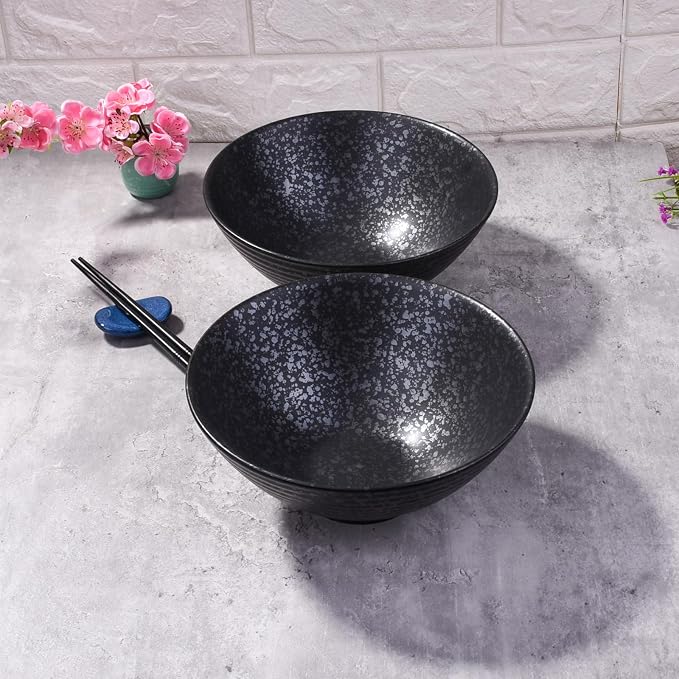 Japanese Ceramic Noodle Bowls Set of 2 – 8.2 Inch Black Ramen Pho Bowls - Image 3