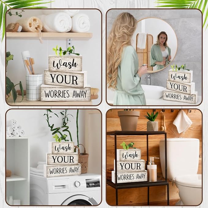Moucuny 4 Pcs Farmhouse Laundry Room Decor Stacked Blocks Wash Your Worries - Image 4