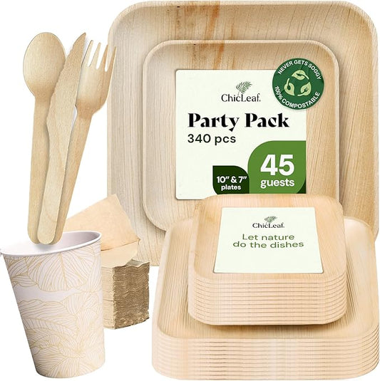 Chic Leaf Compostable Palm Leaf Plates & Cups Set - 10 In & 7 In Pack of 45, Natural - Biodegradable Tableware & Disposable Plates & Cups - Durable Bamboo Utensils, Valentine's Romantic Table Setting