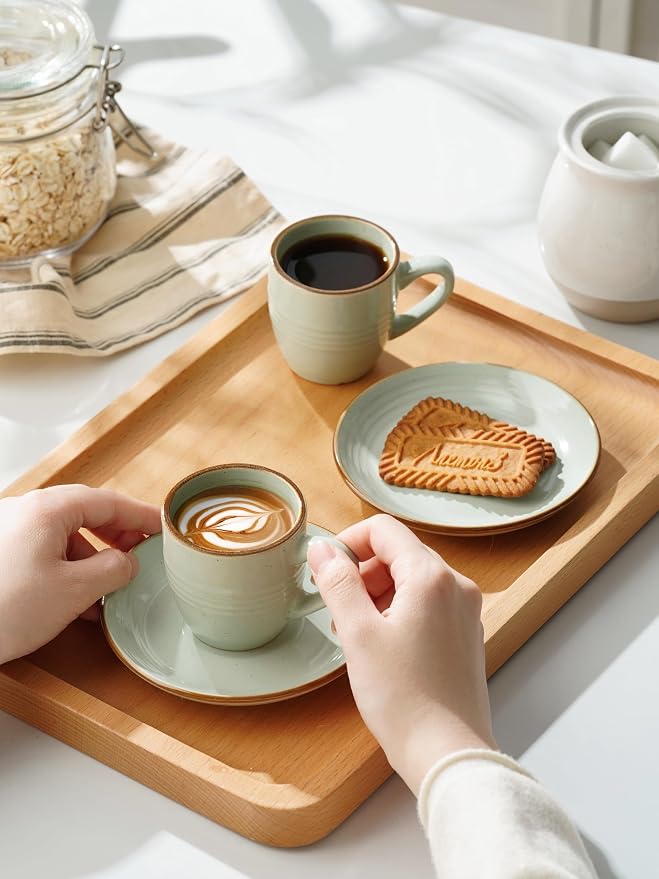 famiware 3oz Espresso Cups and Saucers, Light Green | Ceramic Small Coffee Mug - Image 5