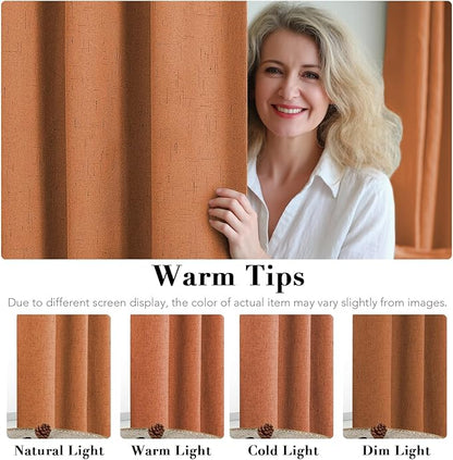 H.VERSAILTEX Linen Blackout Curtains Durable Thick Textured Linen Look 100% Blackout Patio Door Curtain Anti Rust Grommet Extra Wide Sliding Door Curtain Panel, Orange, W100 x L96 inch