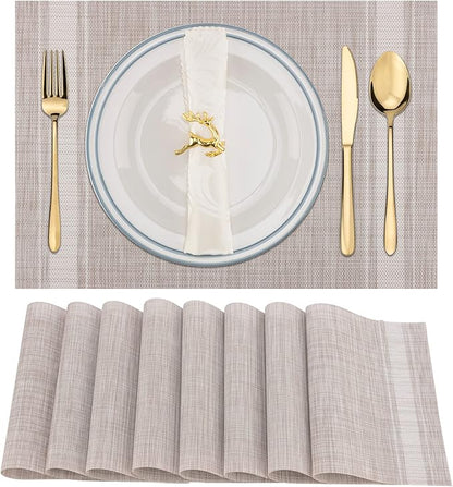 Winknowl Placemats Set of 8, Heat Resistant Non-Slip Vinyl Woven Table Mats for Dining Table, Washable Durable Elegant Place Mats for Kitchen Indoor/Outdoor Use (Beige White)