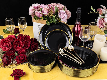 EI 180pcs Black Plastic Plates Black and Gold Disposable Plates Gold Plastic Dinnerware Set Silverware and Cups for Birthday,Wedding,Festival,Party Graduation,Spring Afternoon Tea Business Event