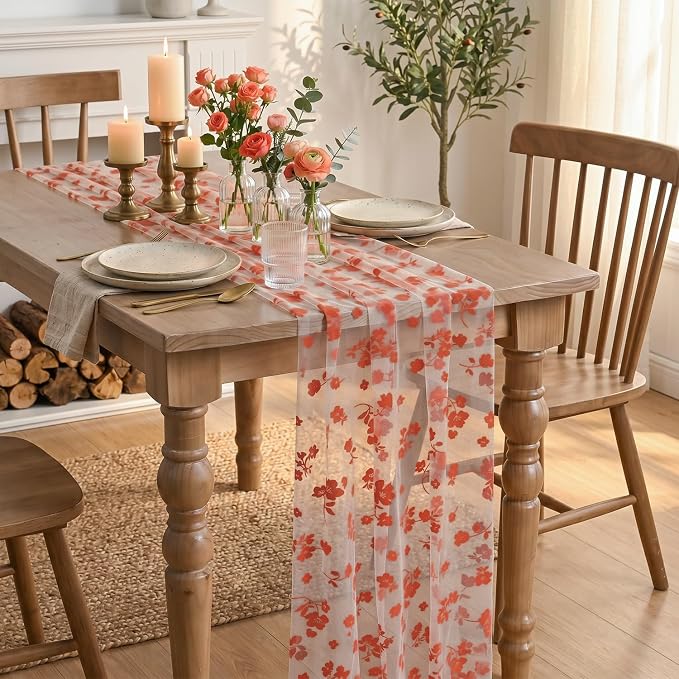 Artoid Mode Caramel Gauze Flocking Flowers Table Runner 10FT, Fall Sheer Dining - Image 4