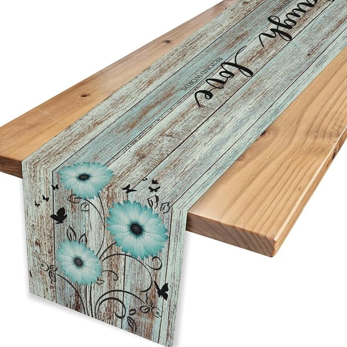 Daisy Floral Table Runner, Rustic Blue Wild Flowers Floral Wooden Boho - Image 4