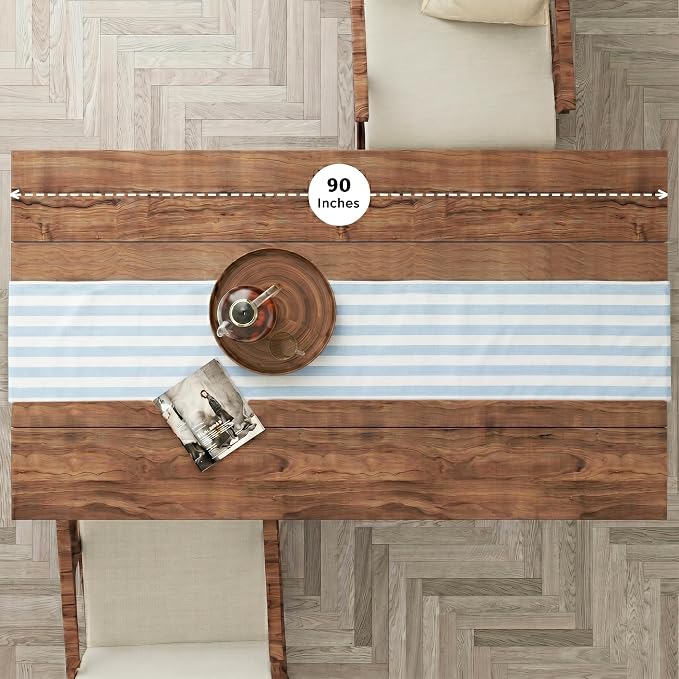 Folkulture Table Runner 90 Inches Long Blue & White Striped Cotton Coastal - Image 2
