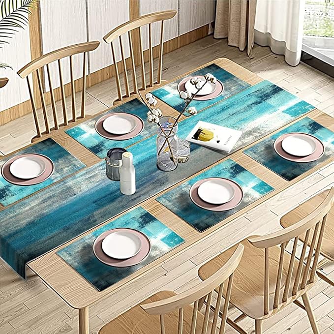 Teal Blue Abstract Table Runner and Place Mats Set of 6 Turquoise Teal - Image 5