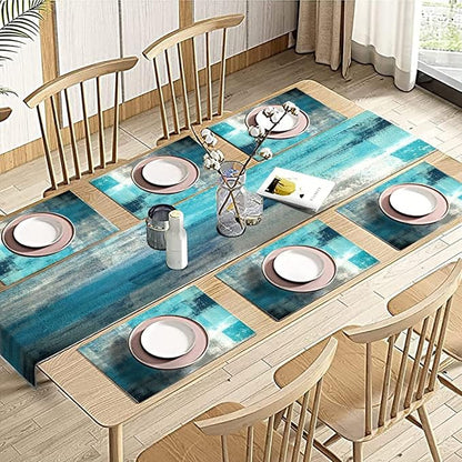 Turquoise Abstract Modern Table Runner and Placemats Set of 6 | Long Teal Blue - Image 5