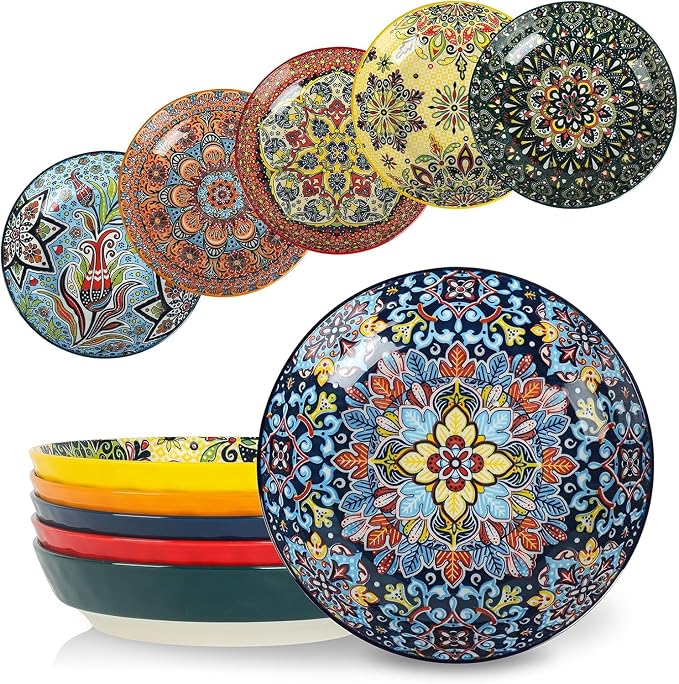 KitchenTour Pasta Bowls Set of 6-30 oz Large Wide & Shallow Serving Bowl by KKitchenTour